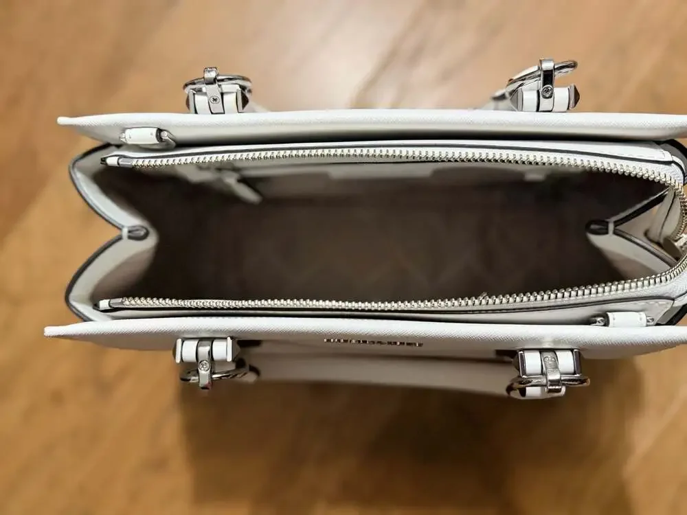 Michael Kors Marilyn Medium Saffiano Leather Satchel in Optic White
